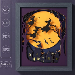 Modello di scatola delle ombre di Halloween delle streghe volanti, taglio di carta a strati, Sadowbox di arte della parete di Halloween per Cricut e Silhouette, decorazioni per la casa fai da te