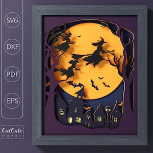 May include: A digital file for a papercraft project featuring a witch flying on a broomstick in front of a full moon. The scene includes a spooky forest and a row of houses with windows. The design is perfect for Halloween decorations.