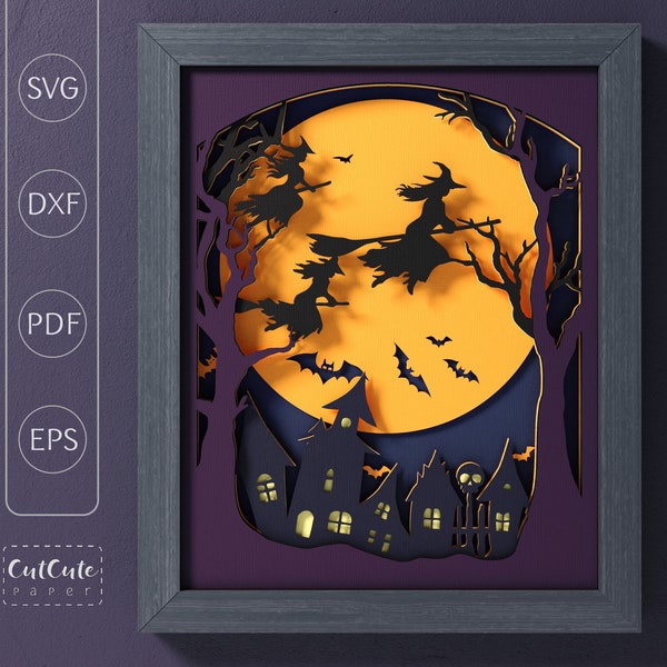 Flying Witches Halloween Shadow Box Template, Layered Paper Cut, Halloween Wall Art Sadowbox for Cricut and Silhouette, DIY Home Decor