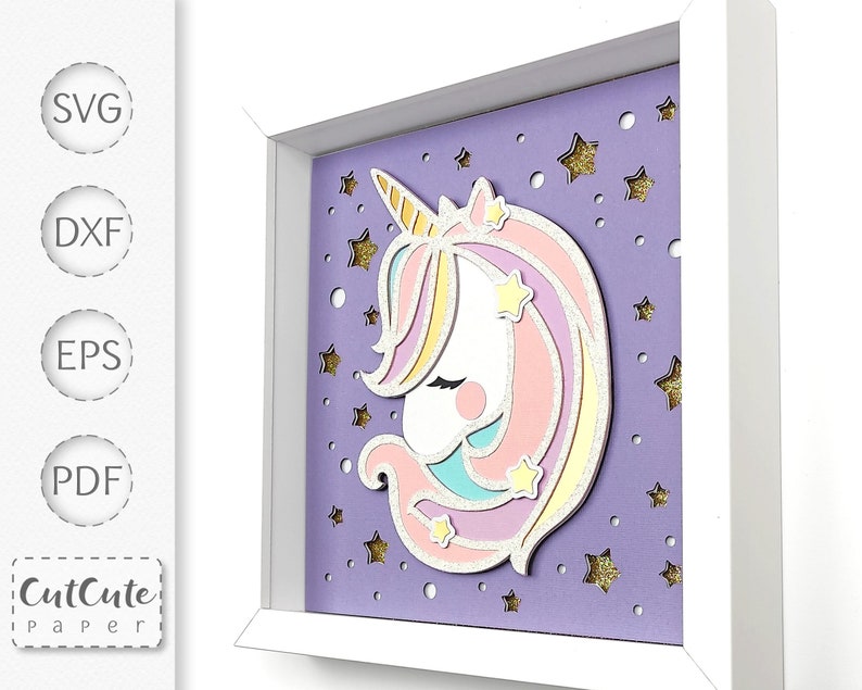 Unicorn Shadow Box SVG Template, Layered SVG Paper Cut Nursery Wall Art Sadowbox for Cricut and Silhouette, DIY Child Room Decor image 2