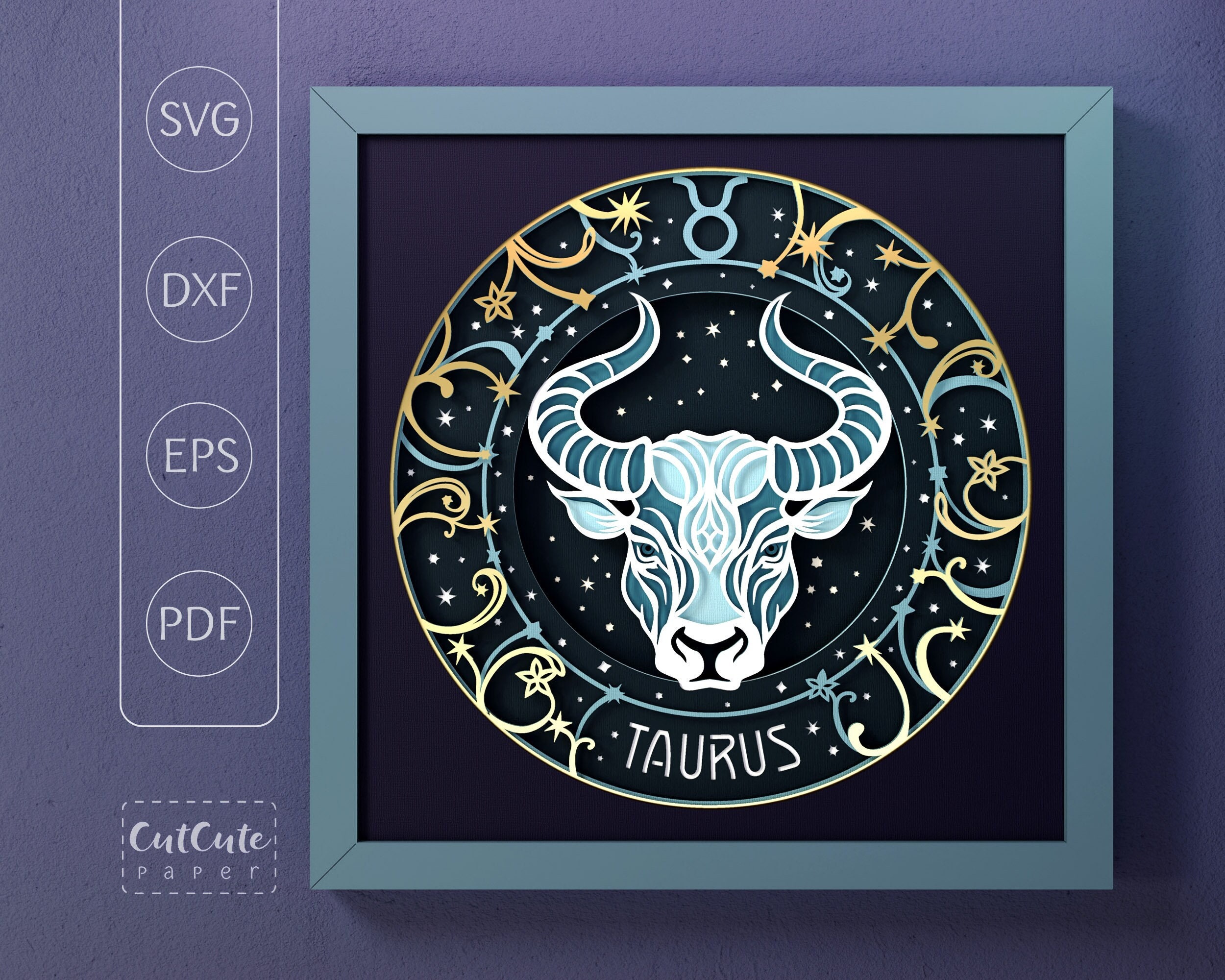 Zodiac Sign Taurus SVG Shadow Box Template, Bull, Stars, Astrology sign 3D SVG Shadow box, Celestial design Cardstock Paper Cut for Cricut