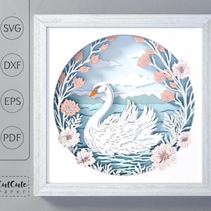 Modèle de boîte d'ombre SVG cygne & fleurs, boîte d'ombre floral romantique 3D SVG, papier cartonné en couches découpé pour Cricut, cadeau DIY pour elle le lac des cygnes