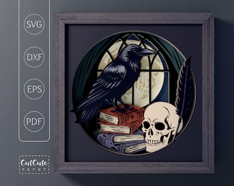 The Raven at Midnight SVG | Edgar Allan Poe Shadow Box | Dark Academia Paper Cut | Skull Books | Cricut Silhouette 9x9