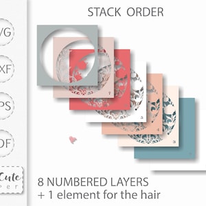 May include: A layered paper craft design with eight numbered layers and an additional element for hair. The design features a floral pattern with a circular cutout. The color palette includes shades of pink, blue, and grey. Text includes "STACK ORDER" and "CutCute paper".
