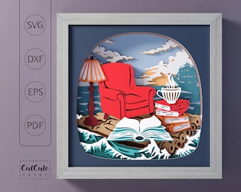 Adrift in a Story Shadow Box SVG, 3D Layered Paper Cut Book Lover Gift, Ocean Waves Reading Nook, Bookish Sea Décor for Cricut Silhouette