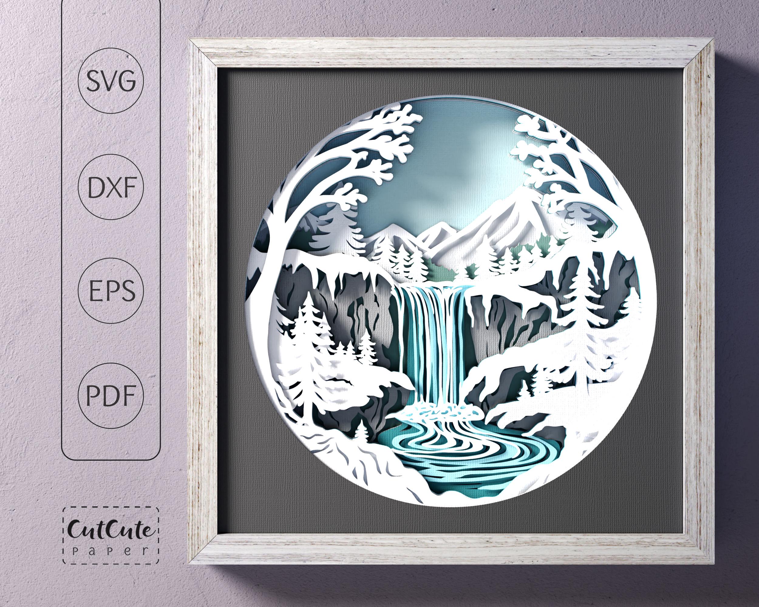 シャドーボックス　冬の風景 冬の風景シャドーボックス SVG バンドル: 雪に覆われた木々、滝 (3