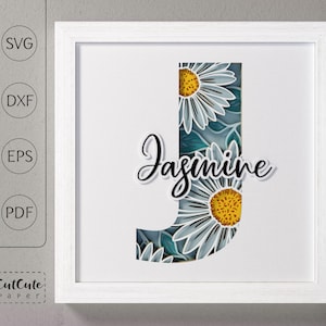 Plantilla SVG de caja de sombra con monograma floral letra J, decoración de pared recortada en capas personalizable con SVG 3D, archivos de corte de caja de sombra de margaritas