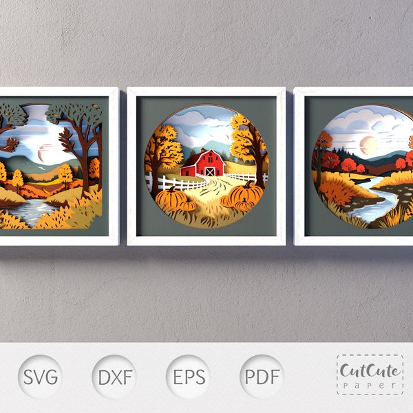 Fall Landscape Shadow Box SVG Bundle, Autumn 3D SVG Shadowbox 3 Templates, DIY Cabin Wall Décor, Paper Project for Cricut