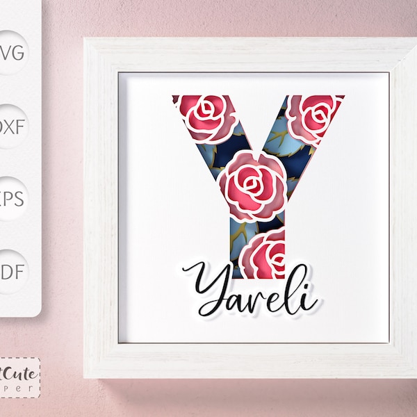 Shadow Box SVG Template with Floral Monogram Letter Y , 3D SVG diy Customizable Layered Paper Cut Wall Decor, Sadowbox Cut Files