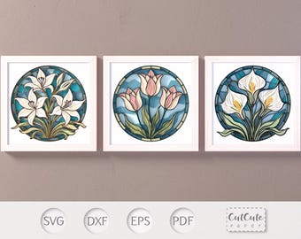 Stained Glass Flowers Shadow Box SVG: Art Nouveau Papercraft (Digital Download)