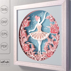 May include: A framed paper art piece depicting a ballerina in a pink tutu, surrounded by red roses and musical notes, set against a light blue background. The frame is white. The image includes the text "SVG", "DXF", "EPS", "PDF", and "CutCute paperi".