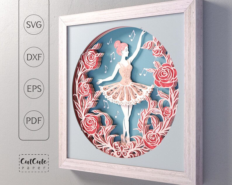 May include: A framed paper art piece depicting a ballerina in a pink tutu, surrounded by red roses and musical notes, set against a light blue background. The frame is white. The image includes the text "SVG", "DXF", "EPS", "PDF", and "CutCute paperi".