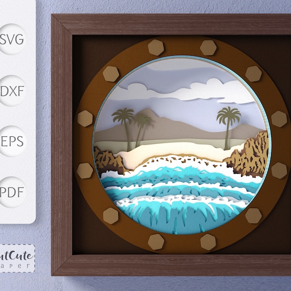 Beach Waves SVG Shadow Box Template, 3D SVG Shadowbox, DIY Beach House Wall Decor, Layered Paper Cut for Cricut, Island Landscape, Land Ahoy
