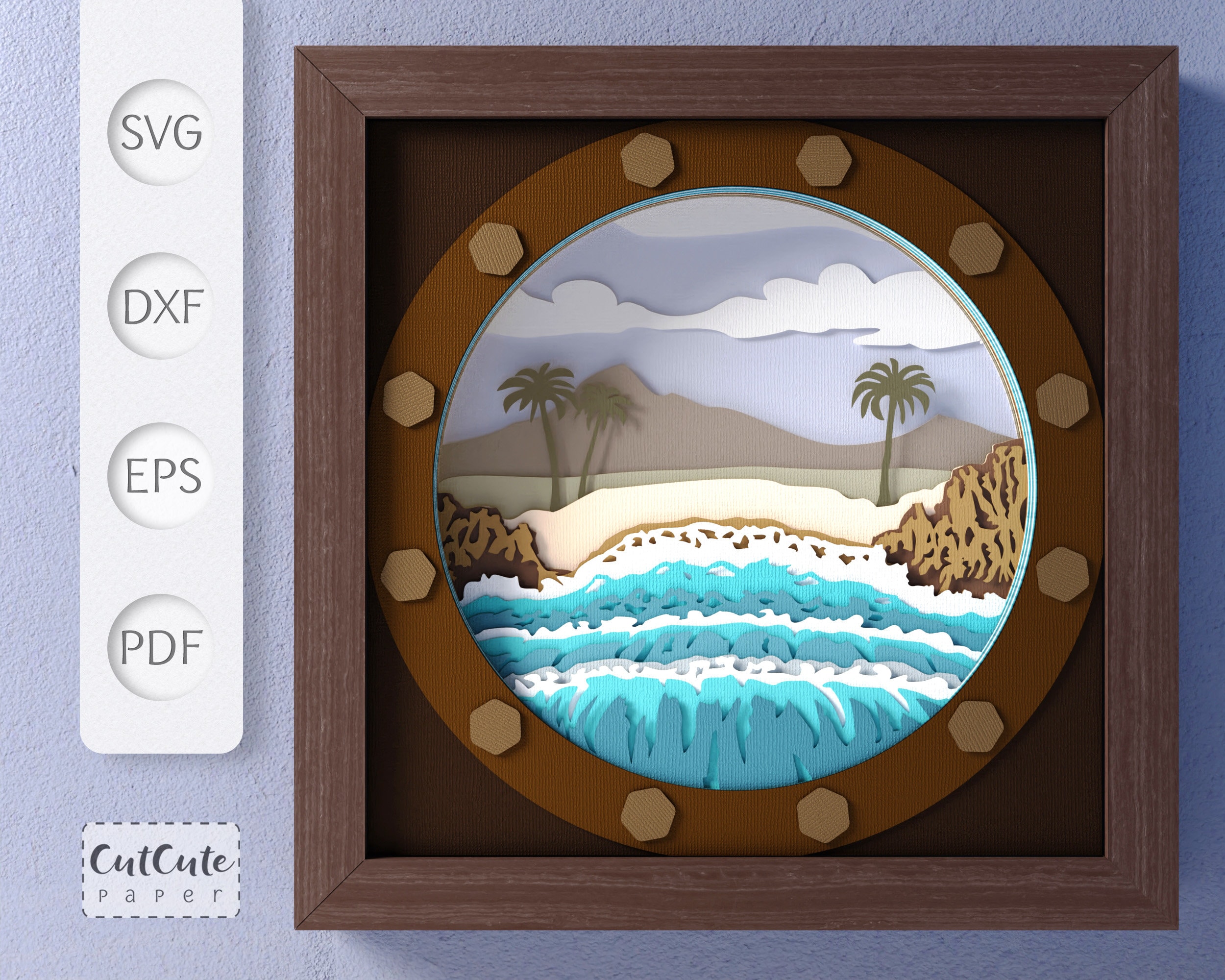 Beach Waves SVG Shadow Box Template, 3D SVG Shadowbox, DIY