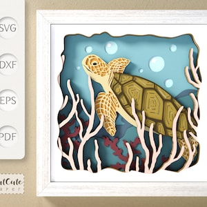 Plantilla SVG de caja de sombras de tortugas marinas, decoración de pared de casa de playa de bricolaje, corte de papel de vida oceánica de cartulina en capas para cricut, arte de pared de vida marina