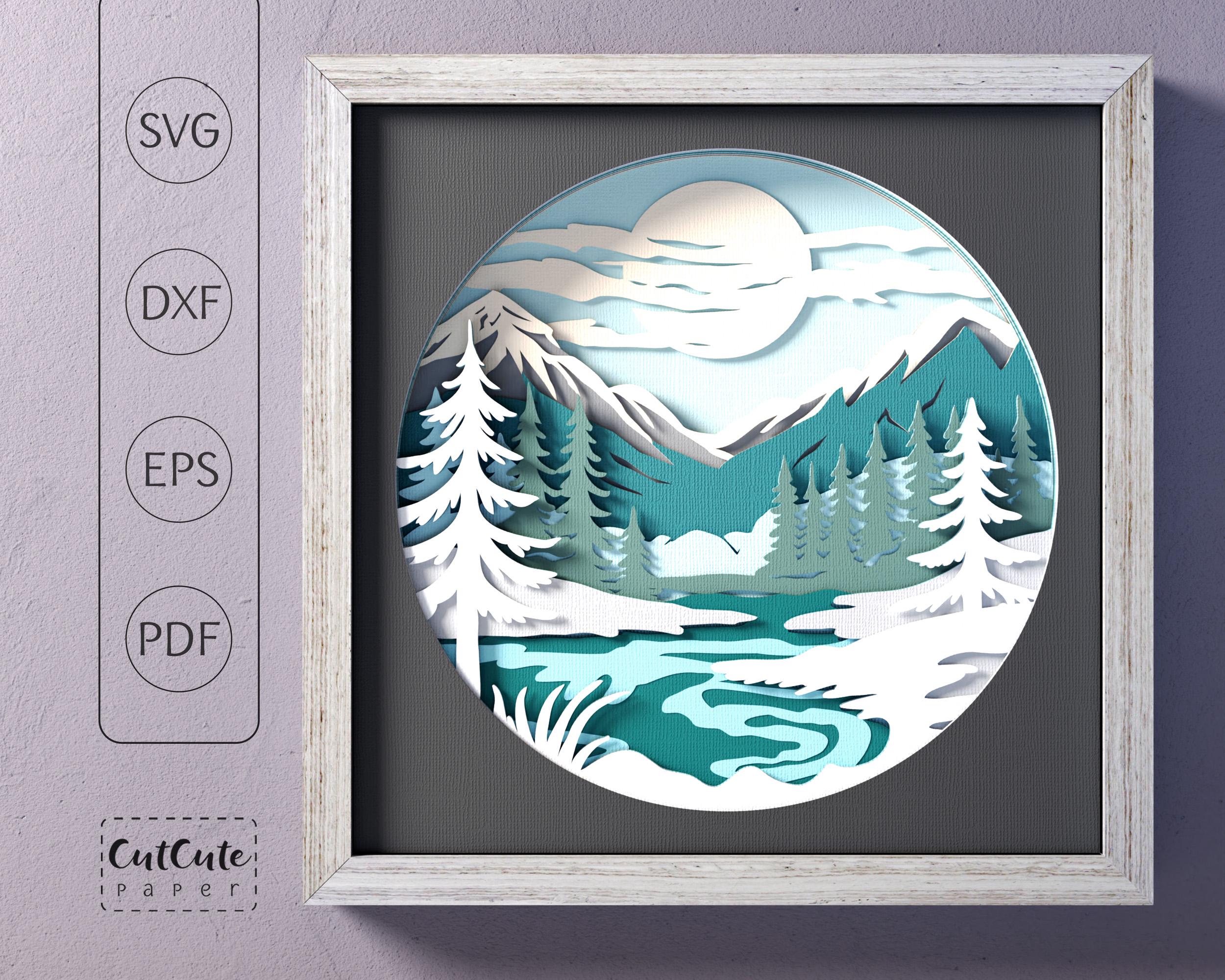 冬の風景シャドーボックス SVG バンドル: 雪に覆われた木々、滝 (3
