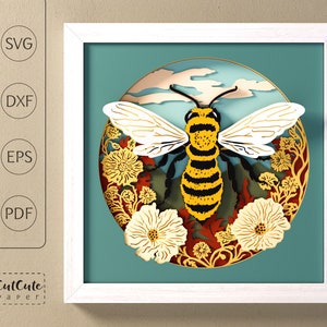 Modèle de boîte d'ombre d'abeilles SVG, abeille à miel, boîte d'ombre florale 3D SVG, papier cartonné en couches découpé pour Cricut