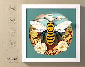 Bee Shadow Box SVG: Floral 3D Paper Cut Template (Digital Download)