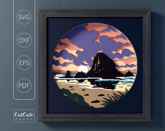 Ocean Sunset SVG, Coastal Rock Shadow Box SVG, Layered Paper Cut Seascape, Beach Wall Art, Cricut 3D Cardstock Template