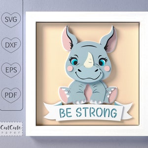 Baby Nashorn Schatten Box SVG Vorlage, 3D SVG Be Strong Nashorn Kindergarten Wand Kunst Schattenbox für Cricut und Silhouette, DIY Baby Shower Geschenk