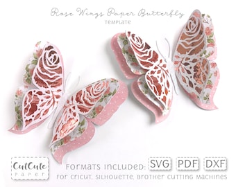 Motyl z papieru 3D SVG: Szablon skrzydeł róży (PDF, DXF)