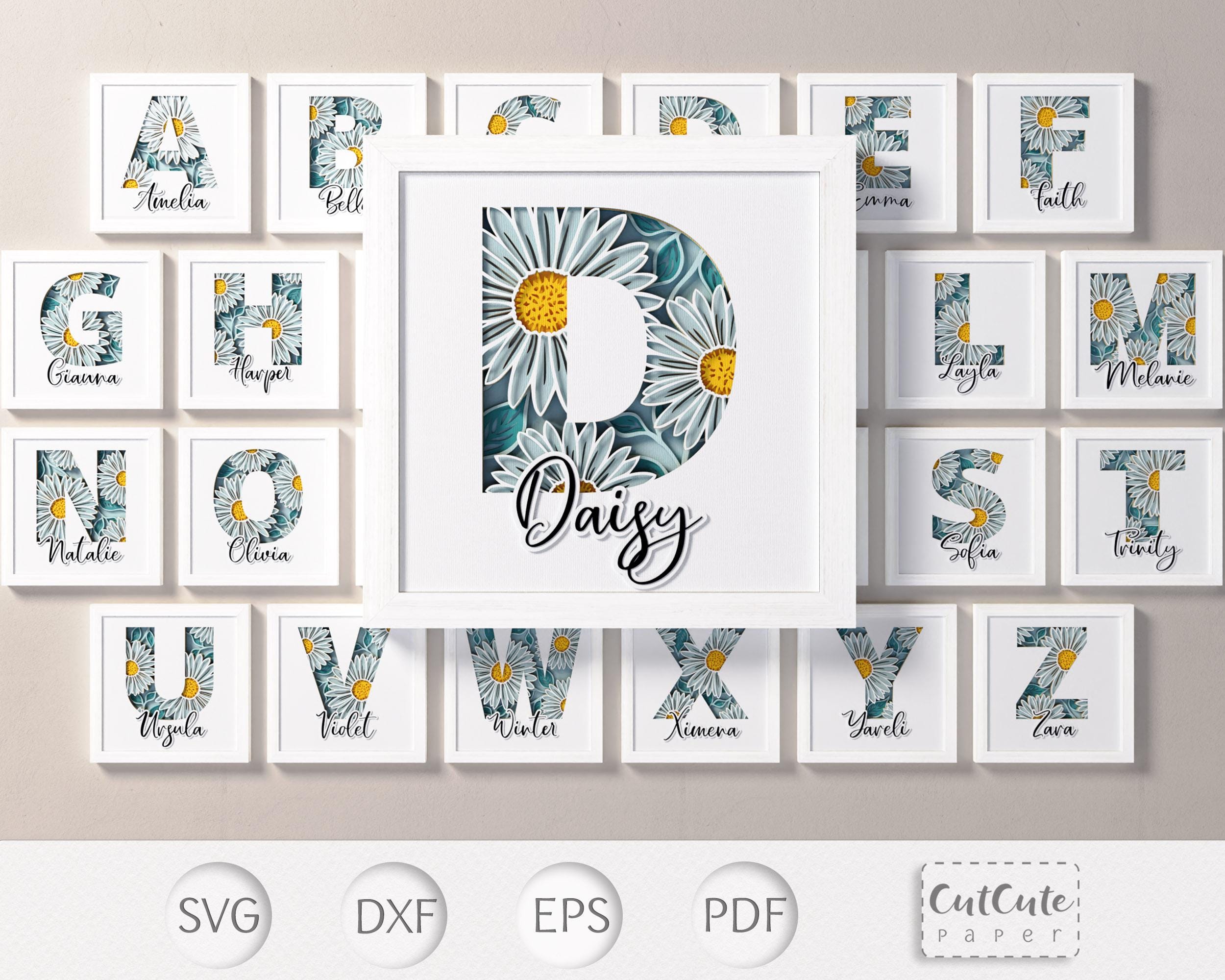 Daisy Letters Shadow Box SVG Templates with Floral Monogram Alphabet, 3D SVG DIY Customizable Layered Paper Cut Wall Décor, Cricut Cut Files