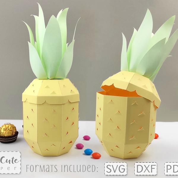 Modèle de boîte d'ananas SVG avec couvercle festonné, fichiers de coupe de modèle de boîte de faveur d'ananas 3D pour Cricut et Silhouette, lanterne pour bougie chauffe-plat led