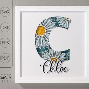Plantilla SVG de caja de sombra con monograma floral letra C, decoración de pared recortada en papel en capas personalizable DIY con SVG 3D, archivos de corte de caja de sombra de margaritas