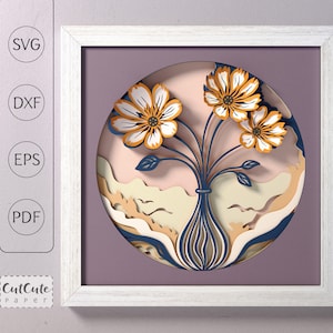 Fleurs dans un vase 3D SVG Shadowbox, modèle de boîte d'ombre de bouquet de fleurs SVG, projet de papier cartonné en couches pour Cricut