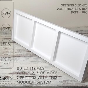 May include: A white modular frame with three openings, perfect for displaying photos or artwork. The frame has a 6x6 inch opening size, 0.65 inch wall thickness, and 0.65 inch depth. The text on the image says "Build frames with 1, 2, or more openings with this modular system."