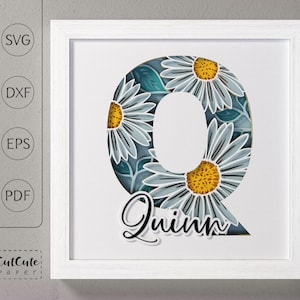 Plantilla SVG de caja de sombra con monograma floral letra Q, decoración de pared recortada en papel en capas personalizable DIY con SVG 3D, archivos de corte de caja de sombra de margaritas
