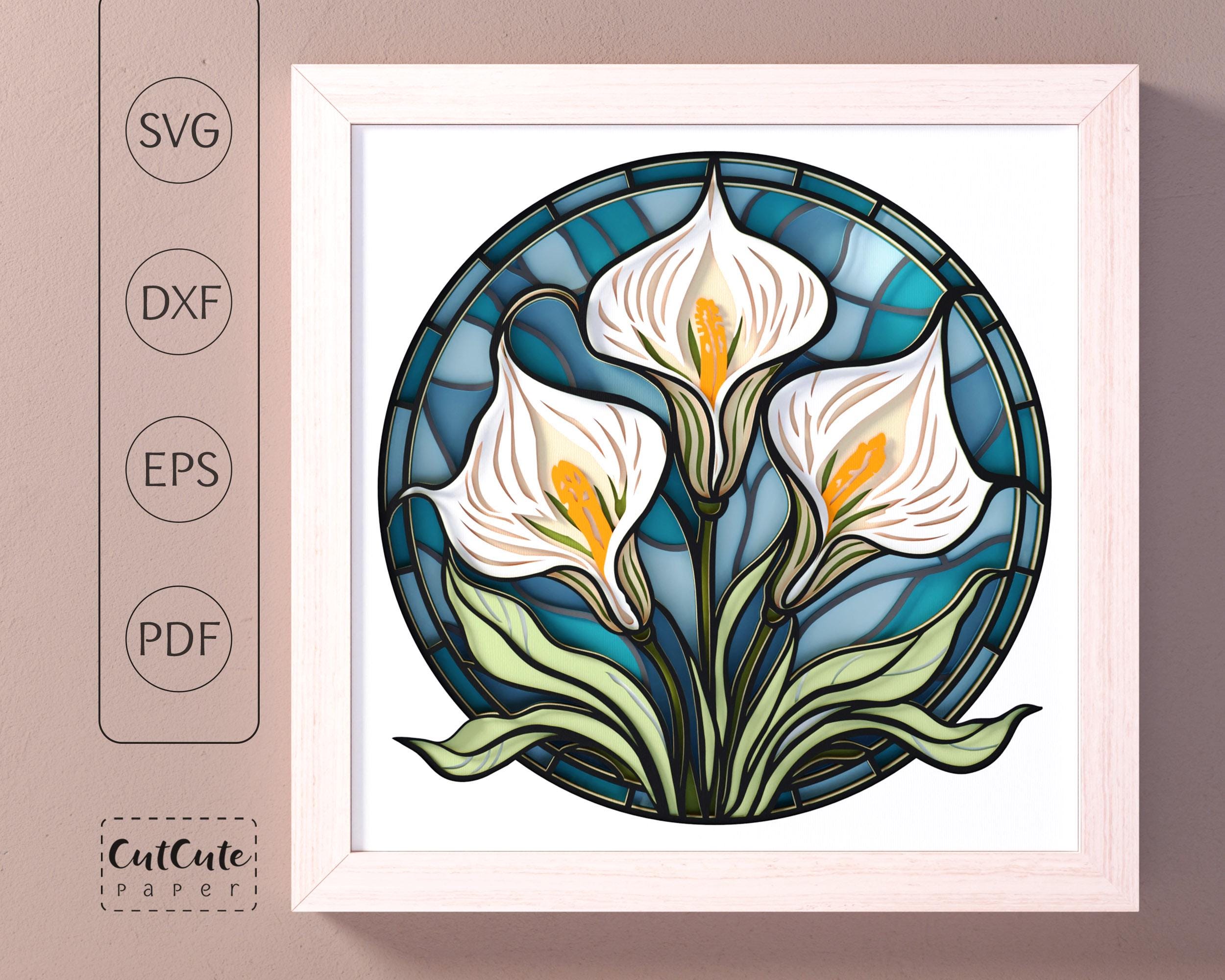 Calla Lilies SVG Shadow Box Template, Art Nouveau Stained Glass Bouquet 3D SVG, Layered Cardstock Project for Cricut, DIY wall art décor
