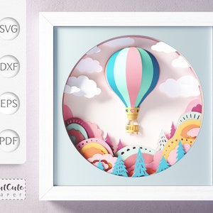 Modello di scatola ombra SVG per mongolfiera, progetto di cartoncino per macchine Cricut, taglio di cartoncino a strati + palloncino 3D, decorazione fai da te per la cameretta dei bambini