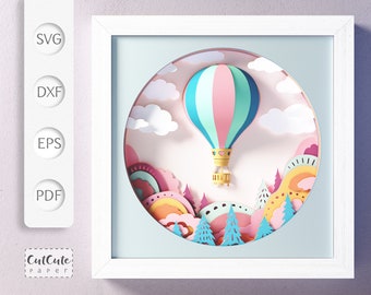 Hot Air Balloon SVG Shadow Box Template, Cardstock Project for Cricut machines, Layered Cardstock Paper Cut + 3D Balloon, Nursery Décor DIY