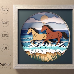 Running Horses on a Beach Shadow Box SVG Template, Layered Paper Cut, Wild Horse Wall Art  Shadow-box for Cricut and Silhouette, DIY Gift