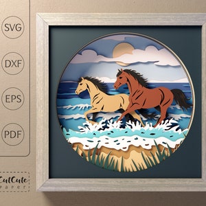 Laufende Pferde am Strand Schattenbox SVG-Vorlage, Papierschnitt, Wildpferde-Wandkunst Schattenbox für Cricut und Silhouette, DIY Geschenk