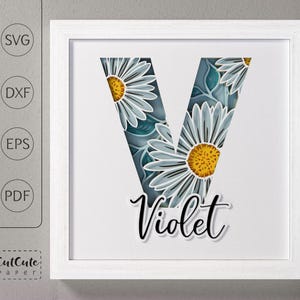 Plantilla SVG de caja de sombra con monograma floral letra V, decoración de pared recortada en papel en capas personalizable DIY con SVG 3D, archivos de corte de caja de sombra de margaritas