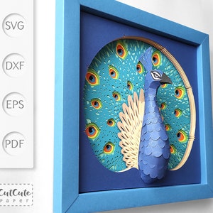 Modèle de boîte d'ombre SVG paon, projet de papier cartonné pour machines Cricut, papier découpé en couches + corps de paon 3D