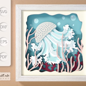 Modèle SVG méduse Shadow Box, décoration murale maison de plage bricolage, papier cartonné en couches Ocean Life découpé pour Cricut, art mural Sea Life