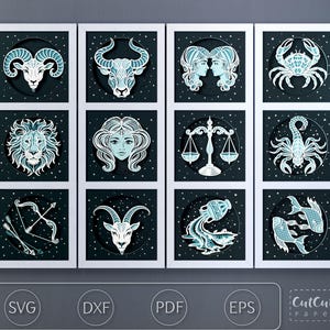Może przedstawiać: Zestaw dwunastu oprawionych dzieł sztuki z papieru, z których każde przedstawia inny znak zodiaku. Znaki są w kolorze białym i jasnoniebieskim na ciemnoniebieskim tle z wzorem gwiazd. Ramki są białe.