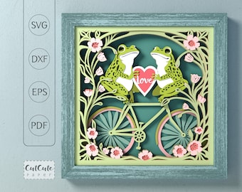 Love Frogs SVG Shadow Box Template, Romance Frogs on Bike 3D SVG Shadowbox, Valentine's day gift, Gift for Couple, Paper Cut for Cricut