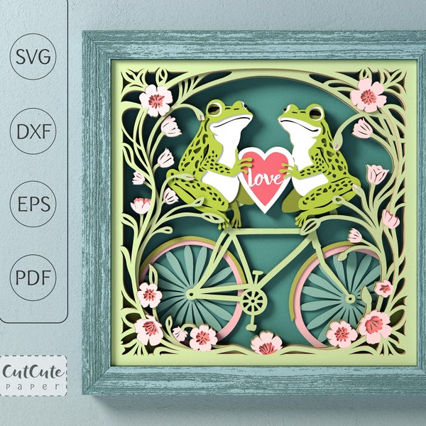 Love Frogs SVG Shadow Box Template, Romance Frogs on Bike 3D SVG Shadowbox, Valentine's day gift, Gift for Couple, Paper Cut for Cricut