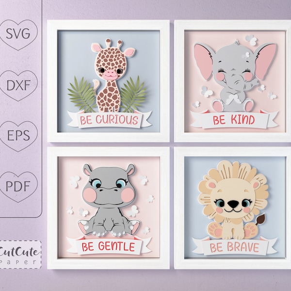 Safari Baby Tiere Shadow Box SVG Vorlagen Mini Bundle #2, 3D SVG Nursery Wall Art Giraffe, Elefant, Nilpferd, Löwe, DIY Baby Shower Geschenk