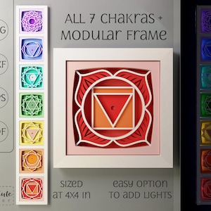 May include: A layered paper art piece featuring the seven chakras, with a central square design and a vertical display of individual chakra symbols. The artwork is sized at 4x4 inches and includes the text "ALL 7 CHAKRAS + MODULAR FRAME".