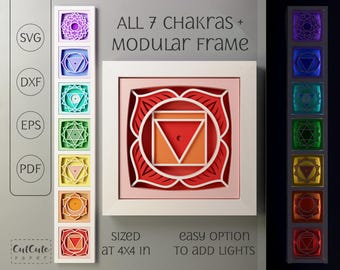Chakra Symbols Shadow Box SVG: 3D Cut Files (4x4 inch, Bundle, Modular Frame)