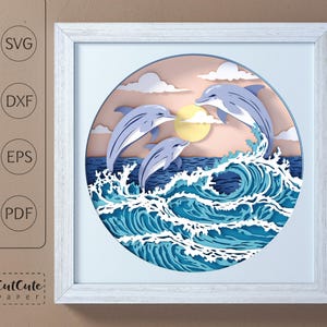 Modèle Dauphins SVG Shadowbox, Ocean Life 3D SVG Shadowbox, papier cartonné en couches découpé pour Cricut, SVG paysage marin