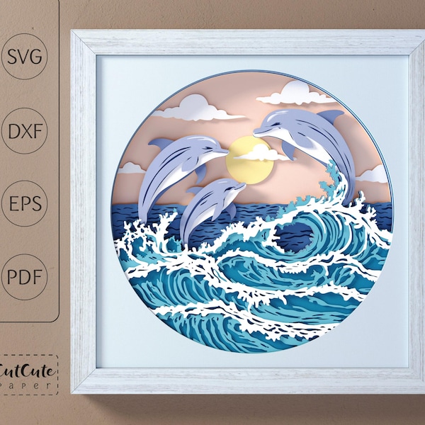 Dolphin Shadow Box Template: Ocean Seascape SVG, Cricut, Cardstock (Digital Download)