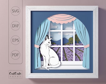 Layered Cat Lavender Window SVG, French Country Shadow Box Paper Cut (svg, dxf, eps, pdf)