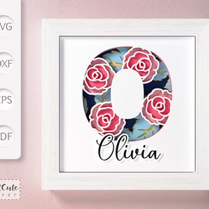 Plantilla SVG de caja de sombra con monograma floral letra O, decoración de pared recortada en papel en capas personalizable con SVG 3D, archivos de corte Sadowbox
