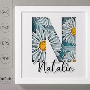 Plantilla SVG de caja de sombra con monograma floral letra N, decoración de pared recortada en papel en capas personalizable DIY con SVG 3D, archivos de corte de caja de sombra de margaritas